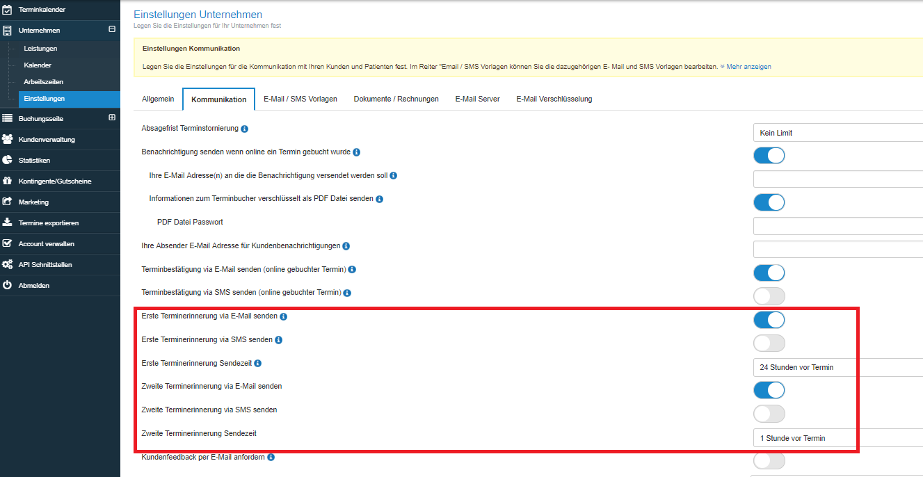Terminerinnerung und Terminbestätigung per SMS und EMail versenden sowie deren Inhalt