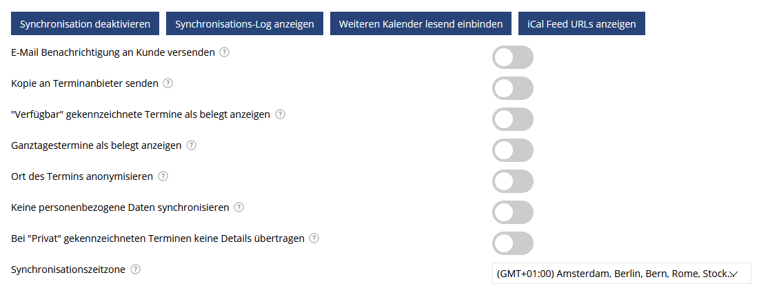 Synchronisationseinstellungen (Synchronisation mit externem Kalender) – eTermin Online Terminplaner